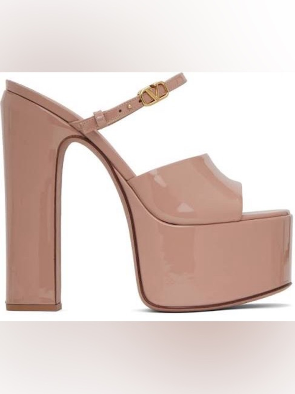 Valentino Tan Go Nude Patent Leather Platform Sandals with Gold Buckle
